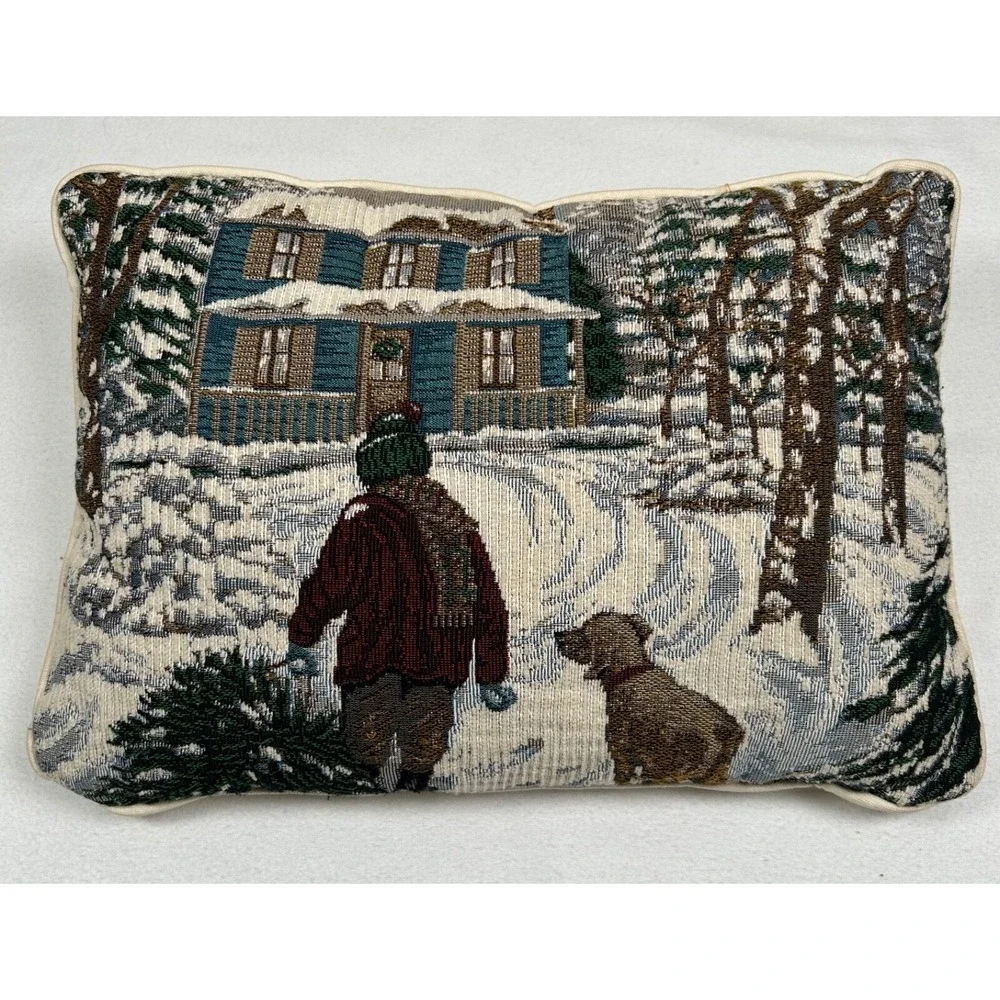 Christmas Throw Pillow Tapestry Boy‎ Dog Tree Snow 16 x 11